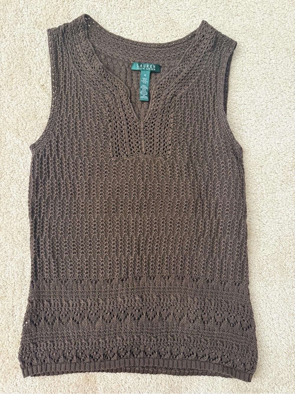 Lauren Ralph Lauren Brown Linen Cotton Open Knit Sleeveless Top M